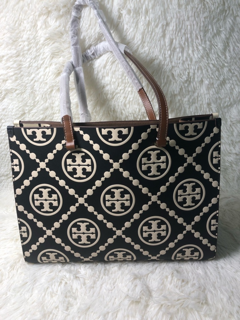 Tory Burch T Monogram Contrast Embossed Tote. Color Black/White